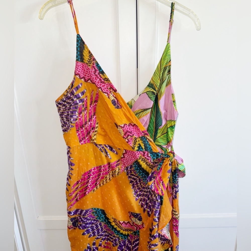 Farm Rio MIXED PRINTS MIDI WRAP DRESS  Sz MEDIUM BEADED MACAWS PINK FOLIAGE - Picture 14 of 15